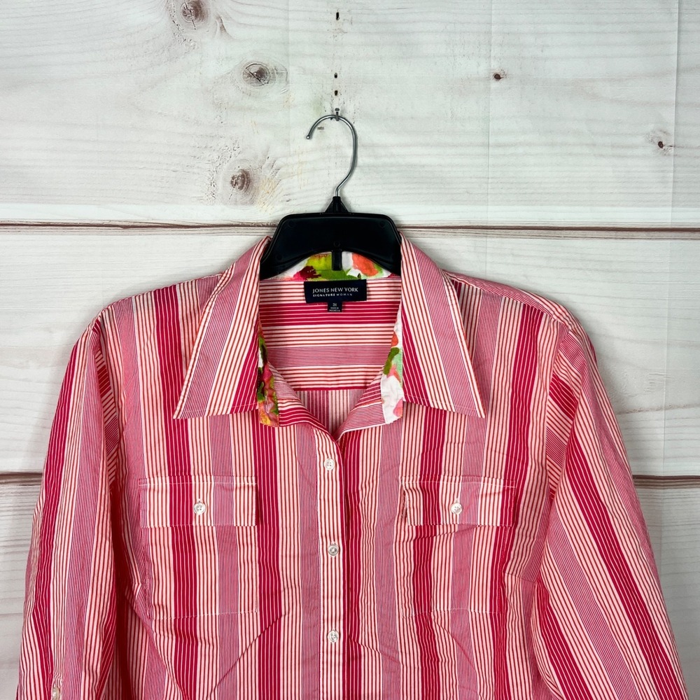Jones New York Top Womens 3X Pink Stripe Shirt Cotton Button Up Pockets Collar - Picture 2 of 9